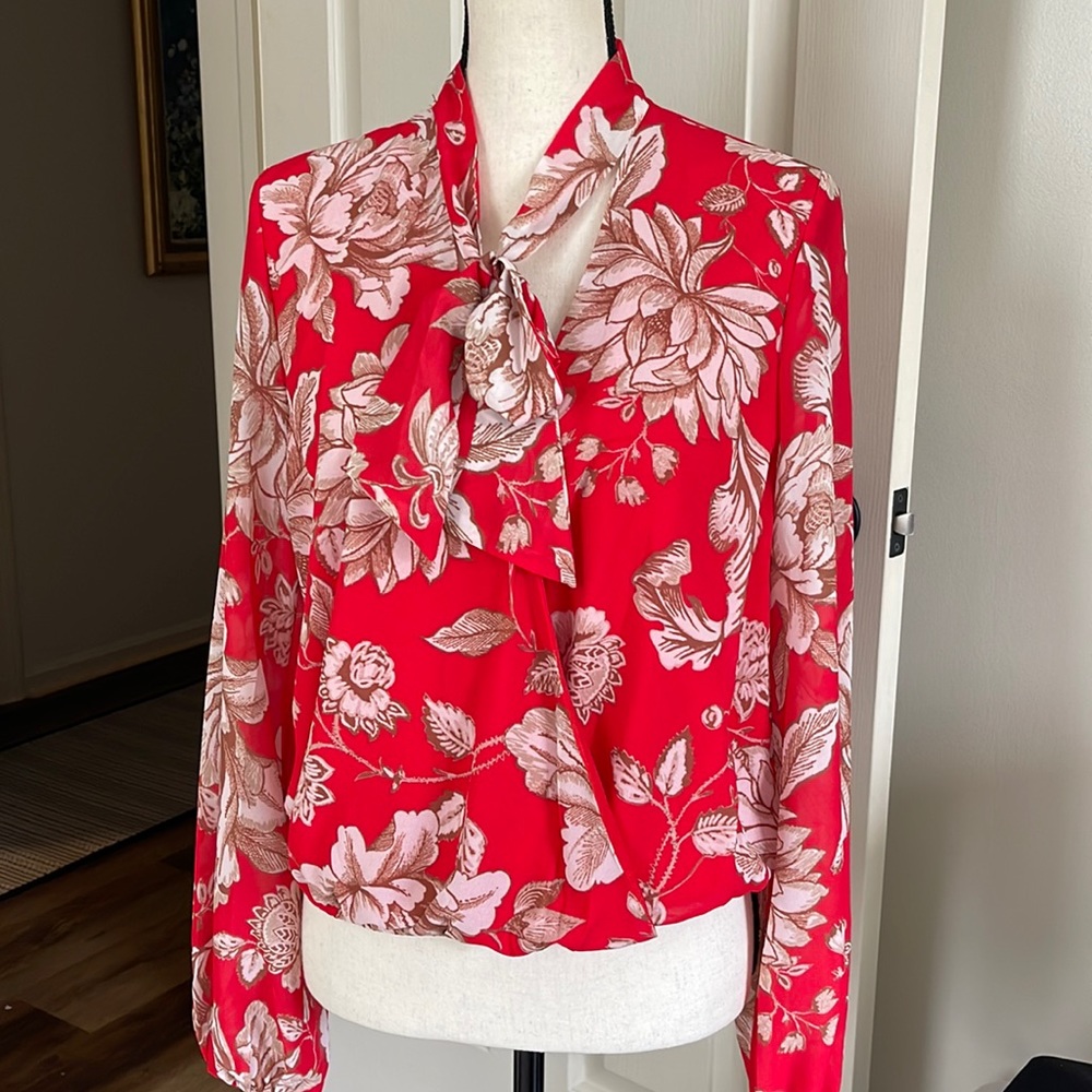 Vici Vibrant Red-Orange Floral Print Long Sleeve Dressy  Blouse Size Large
